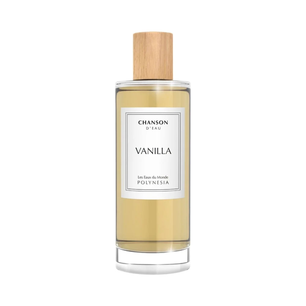 Frasco do Perfume Chanson d'Eau Vanilla Eau de Toilette 100ml com líquido amarelo claro e tampa de madeira clara
